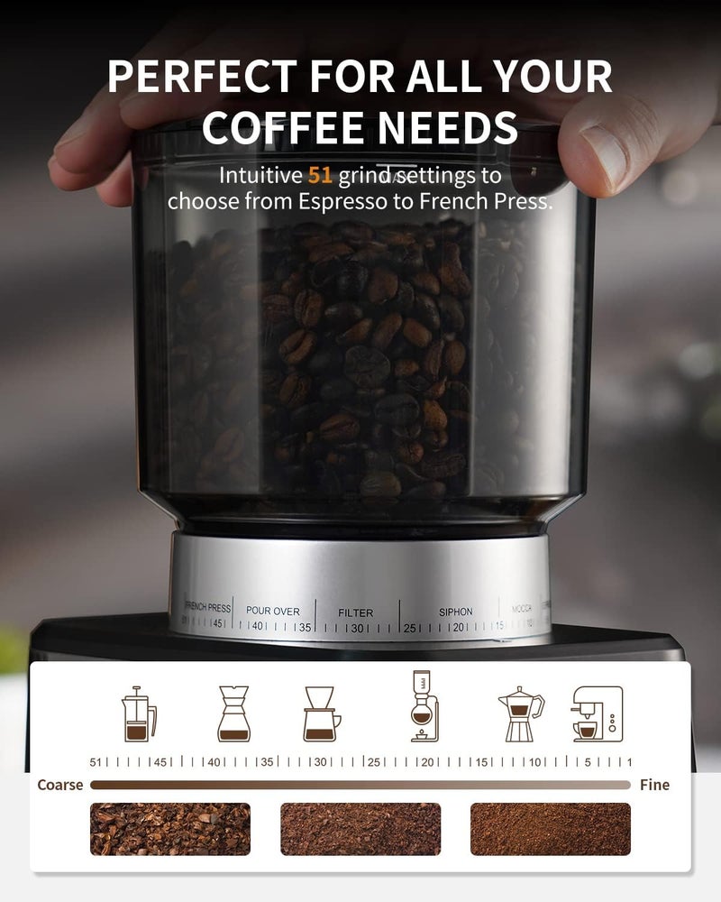 SHARDOR Conical Burr Espresso Coffee Grinder Electric with Precision Timer 2.0, Touchscreen Adjustable Burr Mill with 51 Precise Settings for Home Use, Anti-static, Stainless Steel - Image 4